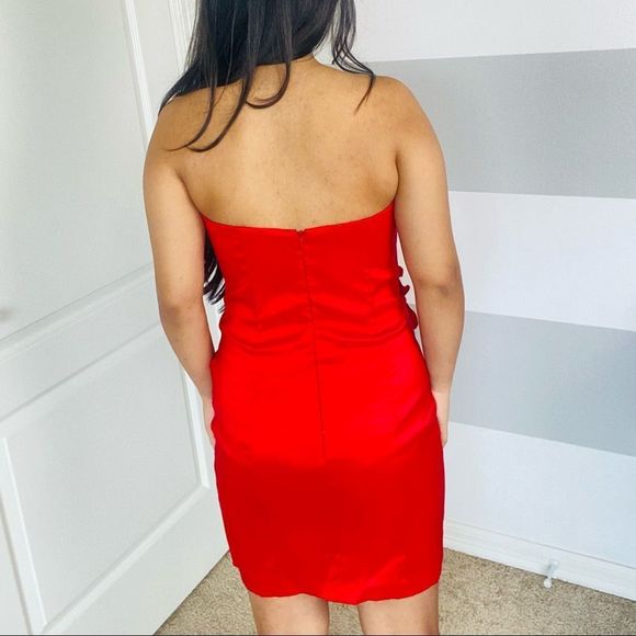 CACHE Red Strapless Ruched Pleated Flower Appliqué Detail Cocktail Mini Dress - Picture 12 of 12